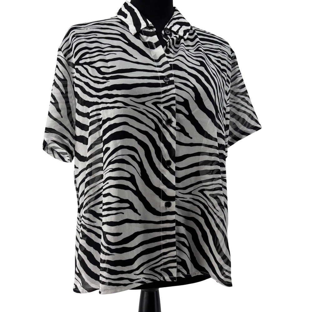 Princess Polly Ziggy Zebra Print Sheer Short Sleeve Button Down Shirt Y2K Size 8